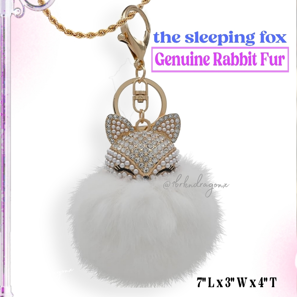 The Sleeping Fox Genuine Rabbit Fur Handbag Purse Charm Keychain Badge Charm - Picture 11 of 14